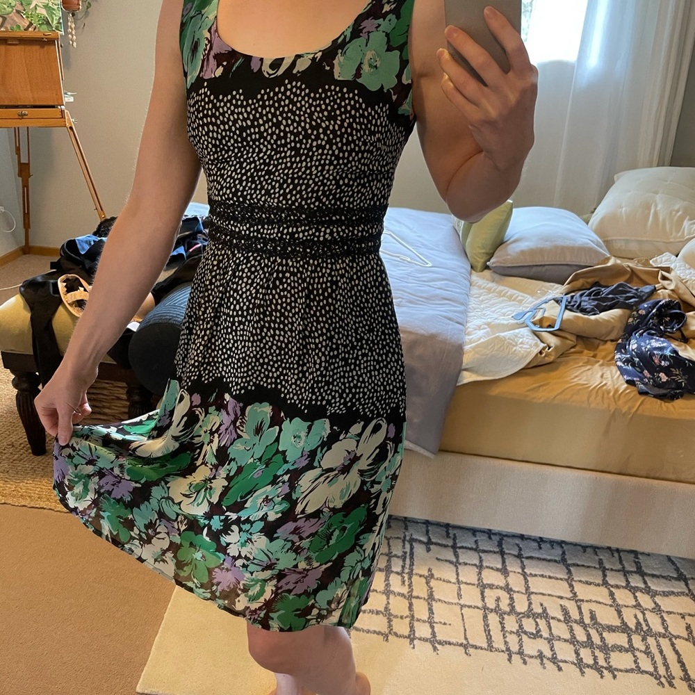 Romy Floral Green Black sleeveless midi dress XS